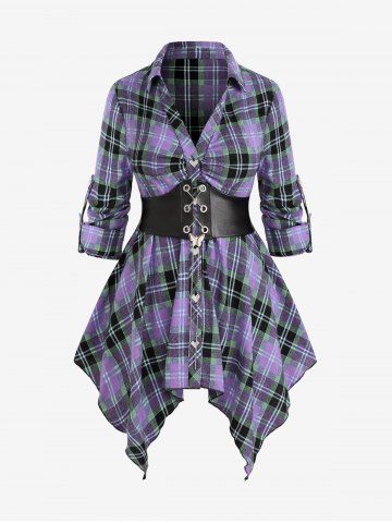 Plus Size Heart Buttons Butterfly Chain Lace Up Asymmetrical Plaid Blouse