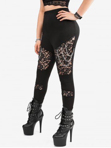 Gothic Floral Lace Panel Chain Tassel Patchwork Skinny Pants - BLACK - S | US 8