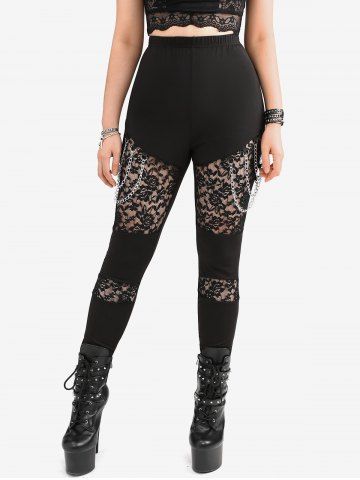 Gothic Floral Lace Panel Chain Tassel Patchwork Skinny Pants