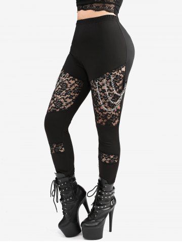 Gothic Floral Lace Panel Chain Tassel Patchwork Skinny Pants