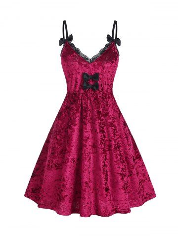 Lace Trim Bowknot Velvet Party Dress - RED - M