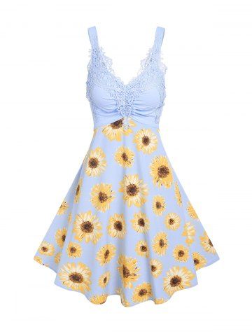 Guipure Lace Insert Sunflower Print Dress - LIGHT BLUE - XXL