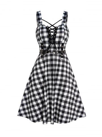 Plaid Print Crisscross Lace Up Grommet High Waisted Sleeveless A Line Mini Dress - BLACK - XL