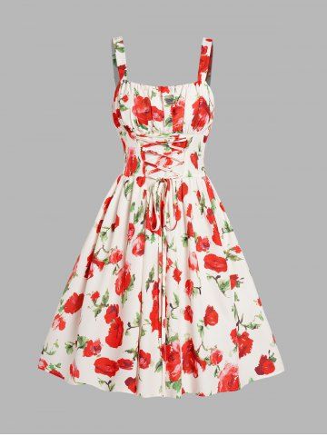 Flower Print Ruched Lace Up High Waist Mini Dress - MULTI - S