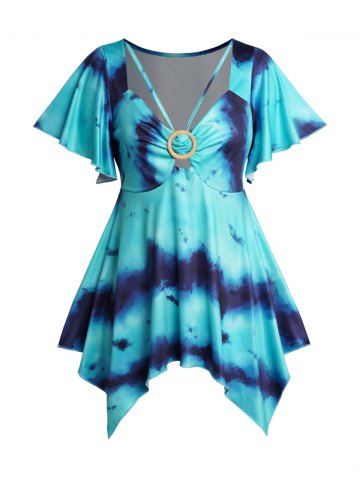 Plus Size Tie Dye Print O Ring Flutter Sleeve Handkerchief Hem Casual Top - BLUE - L