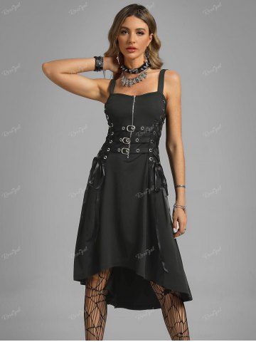 Plus Size Grommets Lace Up Buckles Zipper High Low Midi Dress