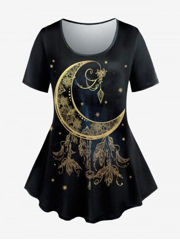 Plus Size Moon Star Feather Tassel Print T-shirt - BLACK - L