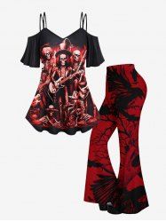 T-shirt Long Gothique Imprimé Squelette et Guitare à Épaules Nues - Rouge 