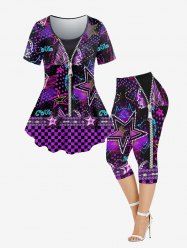 Plus Size 3D Zipper Pentagram Heart Plaid Colorful Light Beam Printed T-shirt and Leggings Outfit -  