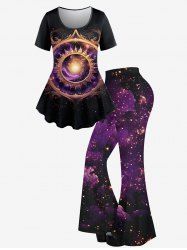 T-shirt Soleil Brillant Galaxie Imprimé à Miroir - Noir 