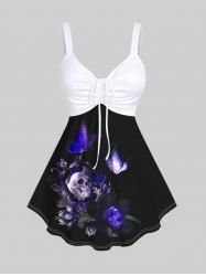 Plus Size Skull Floral Butterfly Glitter Print Cinched Tank Top -  