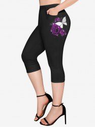 Plus Size Butterfly Rose Glitter Print Pockets Capri Leggings -  