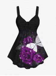 Plus Size Butterfly Rose Glitter Print Cinched Tank Top -  