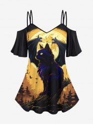 Gothic Cat Bat Moon Tree Glitter Print Cold Shoulder Halloween Cami T-shirt -  