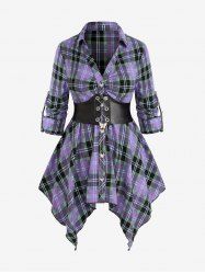 Plus Size Heart Buttons Butterfly Chain Lace Up Asymmetrical Plaid Blouse -  