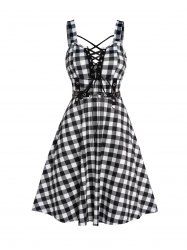 Plaid Print Crisscross Lace Up Grommet High Waisted Sleeveless A Line Mini Dress -  