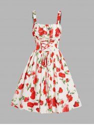 Flower Print Ruched Lace Up High Waist Mini Dress -  