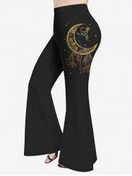 Pantalon évasé grande taille à imprimé lune, étoiles, plumes et pompons - Noir 5X