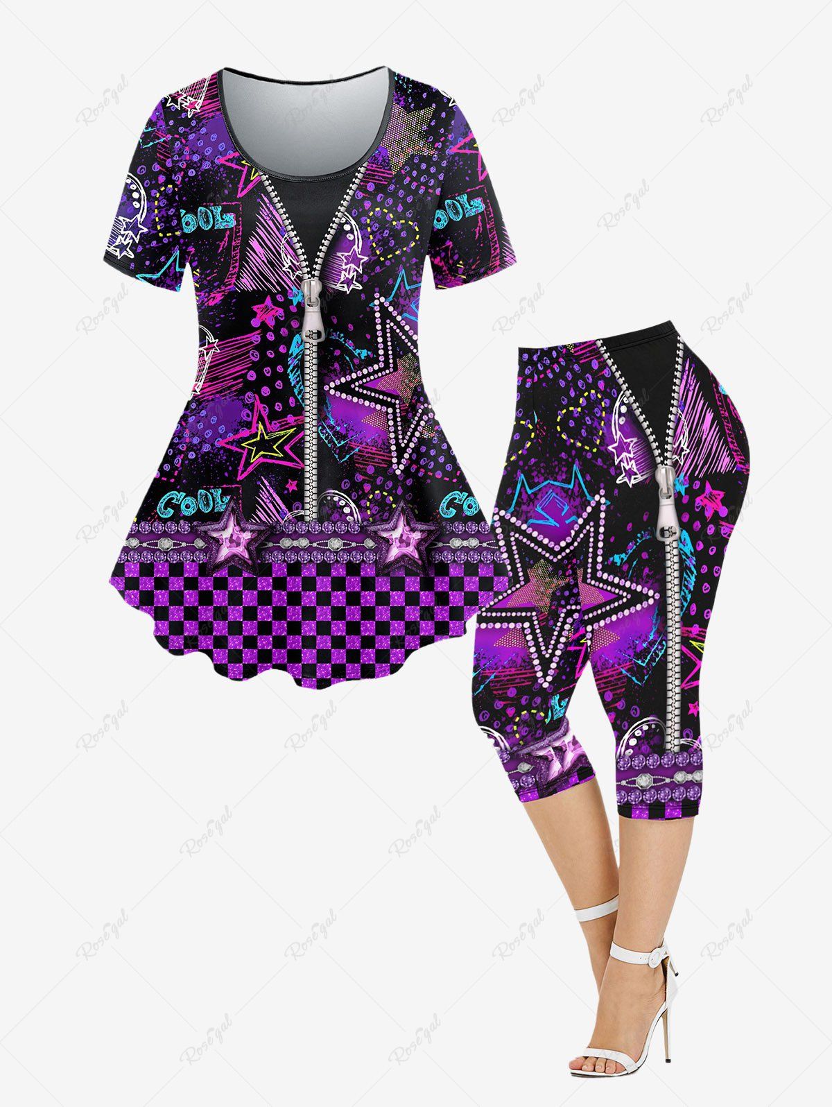 Store Plus Size 3D Zipper Pentagram Heart Plaid Colorful Light Beam Printed T-shirt and Leggings Outfit  