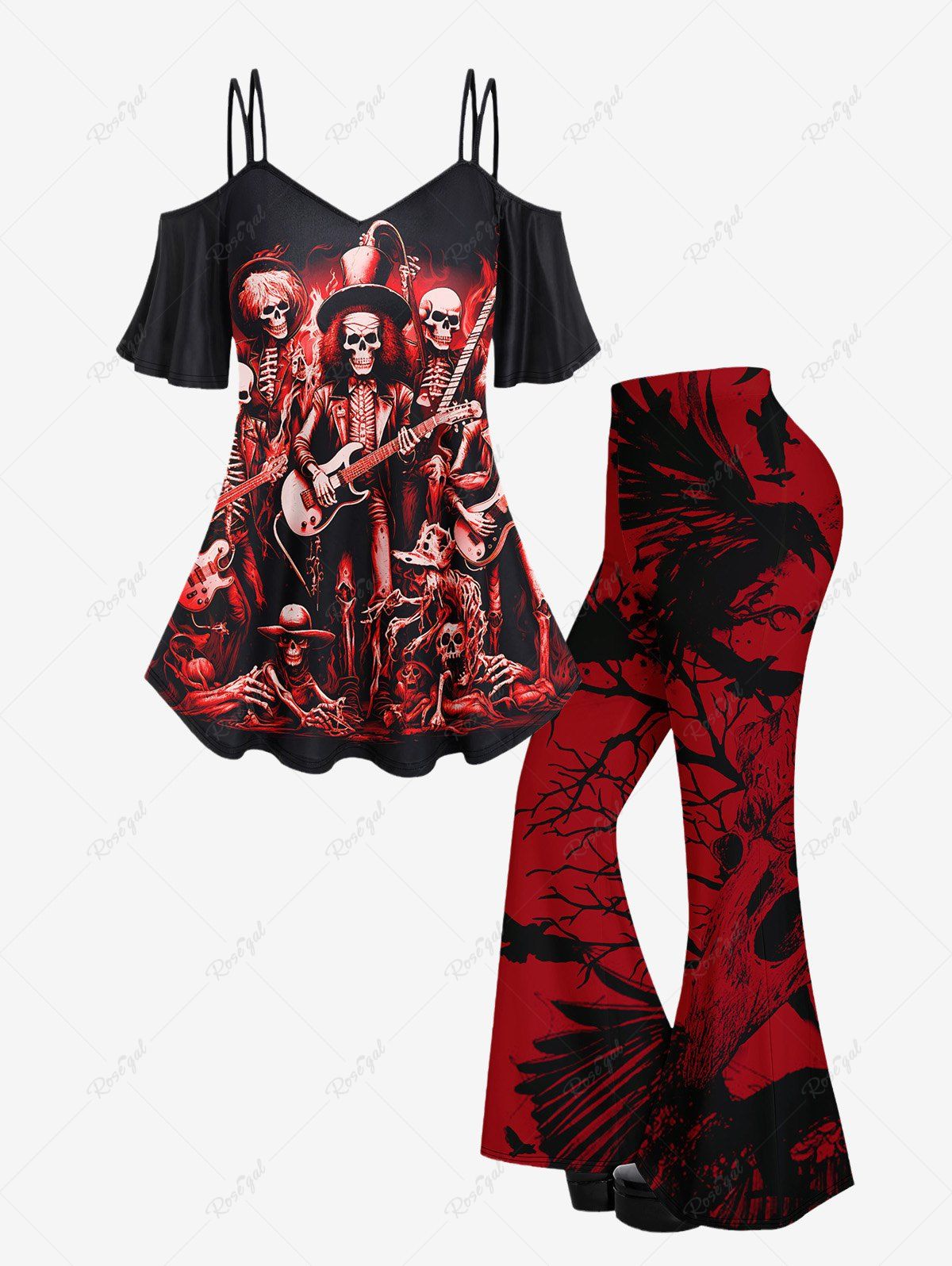 T-shirt Long Gothique Imprimé Squelette et Guitare à Épaules Nues Rouge 