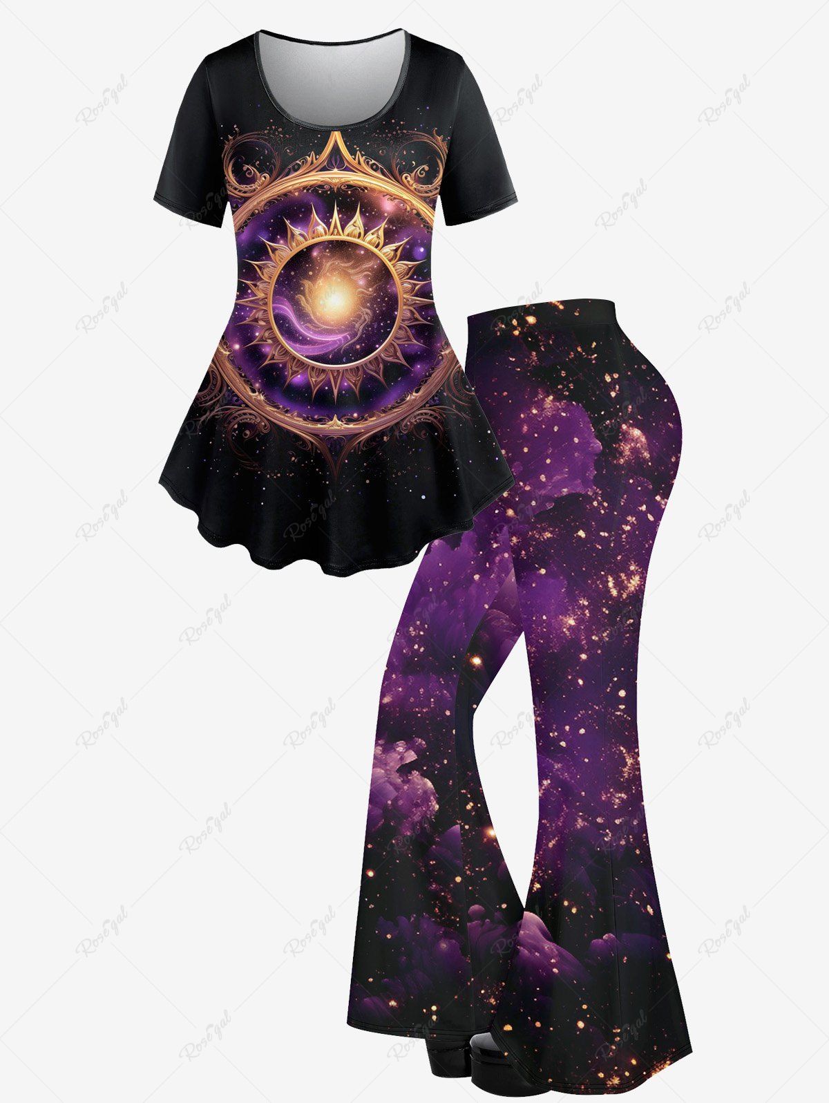 T-shirt Soleil Brillant Galaxie Imprimé à Miroir Noir 