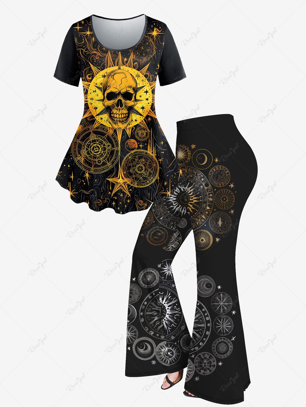 Unique Sun Skull Divination Glitter Print Short Sleeves T-shirt And 3D Sun Moon Star Glitter Print Flare Pants Gothic Outfit  