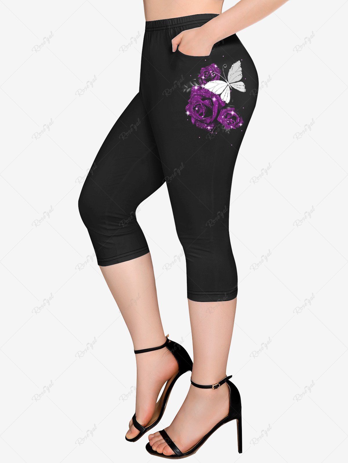 Trendy Plus Size Butterfly Rose Glitter Print Pockets Capri Leggings  