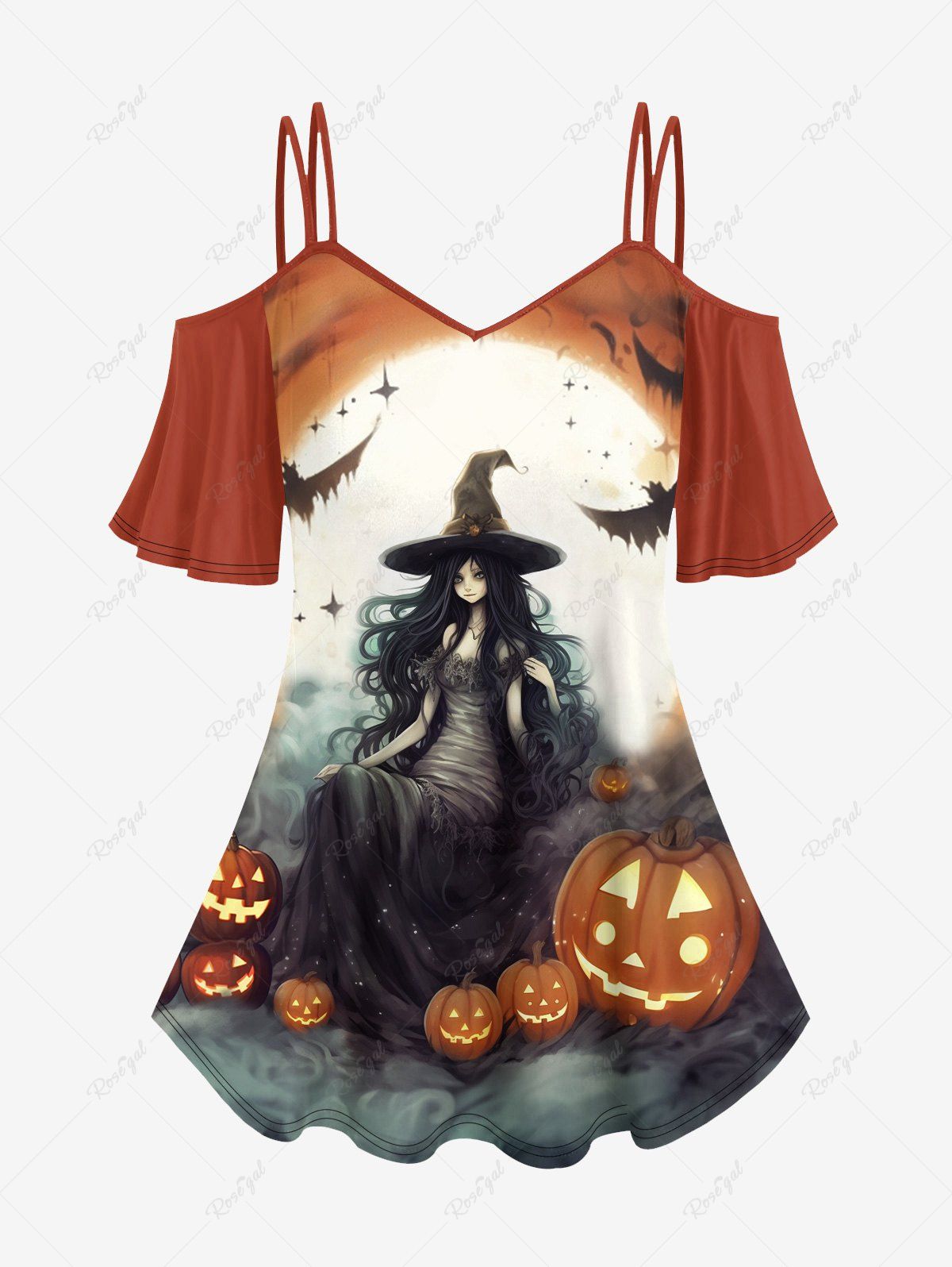 Latest Halloween Pumpkin Wizard Bat Moon Glitter Print Cold Shoulder Cami T-shirt  
