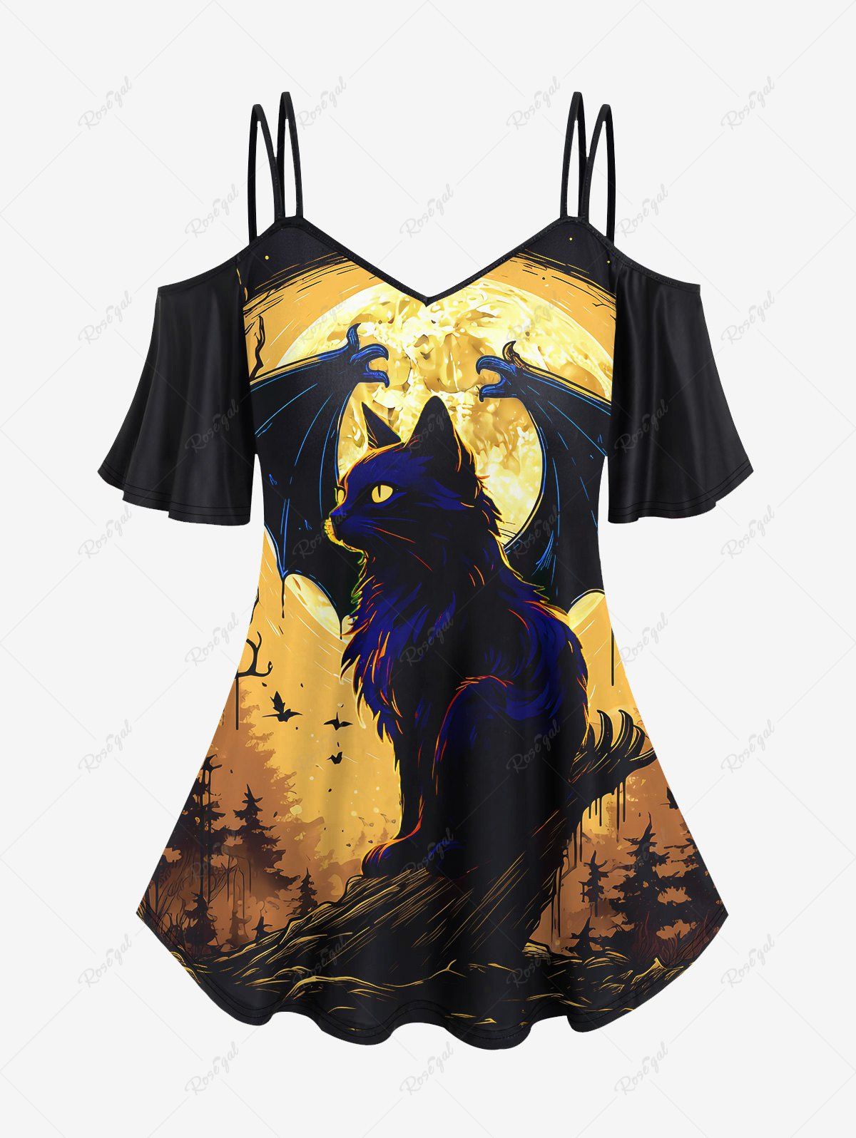 T-shirt D'Halloween Gothique Chat Arbre et Chauve-souris Imprimés à Epaule Dénudée Noir 1X