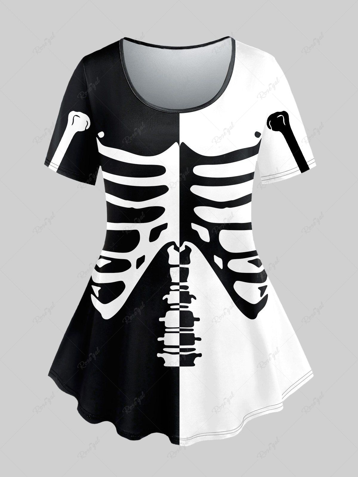 Fashion Halloween Skeleton Print Two Tone T-shirt  
