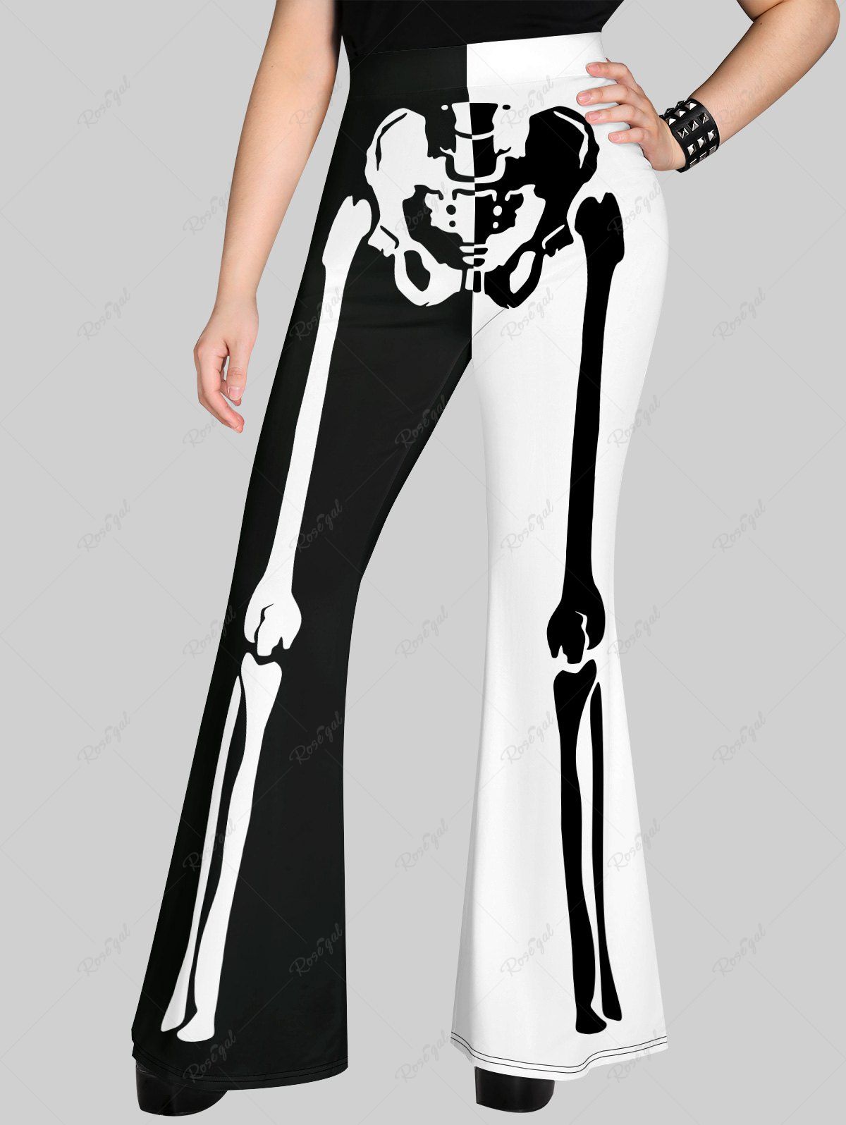 Hot Halloween Skeleton Print Two Tone Flare Pants  