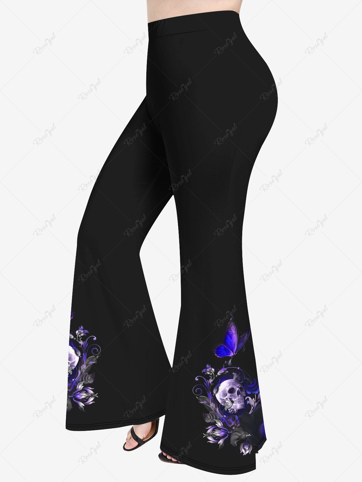 New Plus Size Skull Floral Butterfly Glitter Leaf Print Halloween Flare Pants  