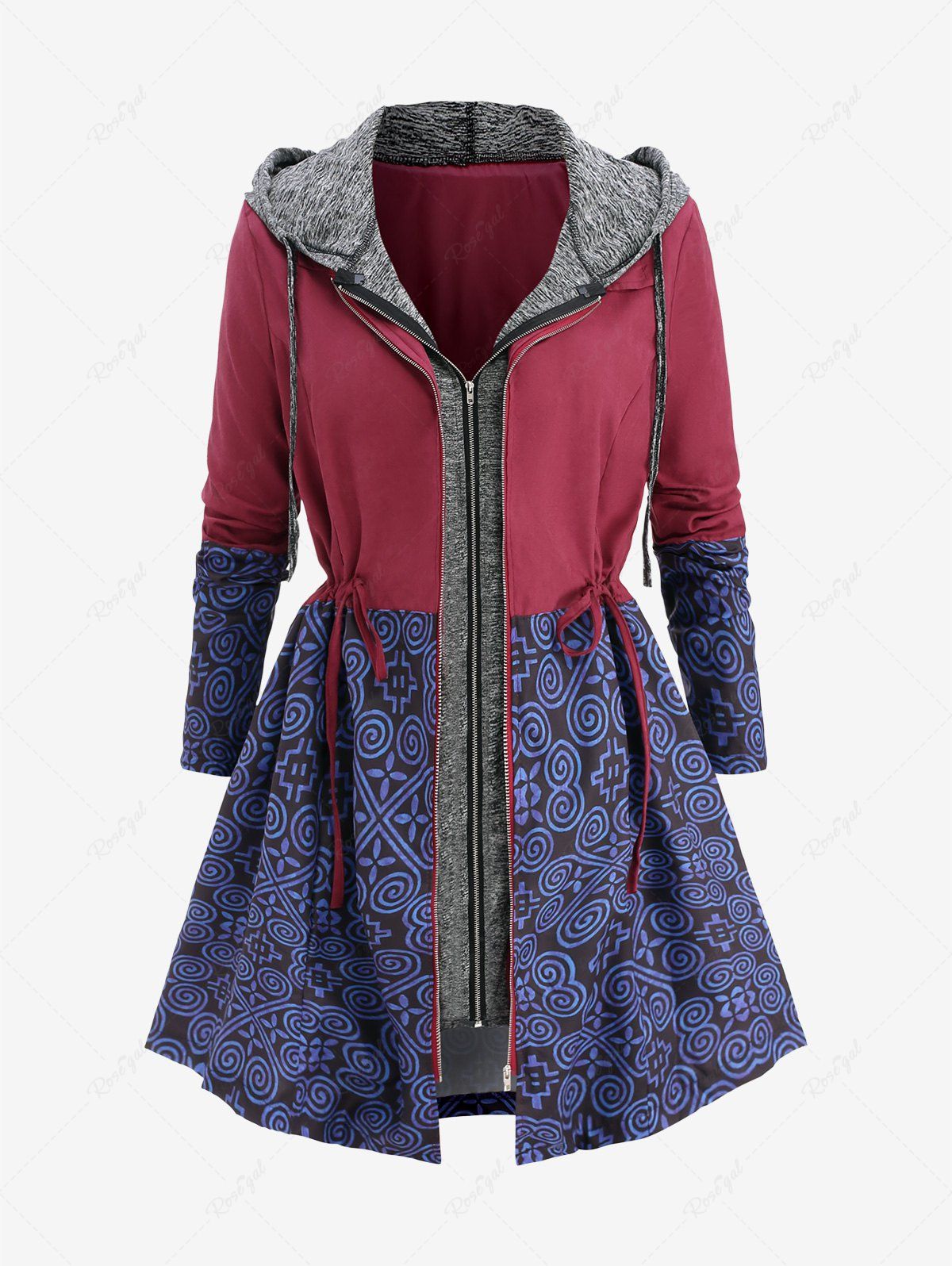 Affordable Plus Size Geometric Graphic Print Double Zipper Drawstring Patchwork Hooded Coat  
