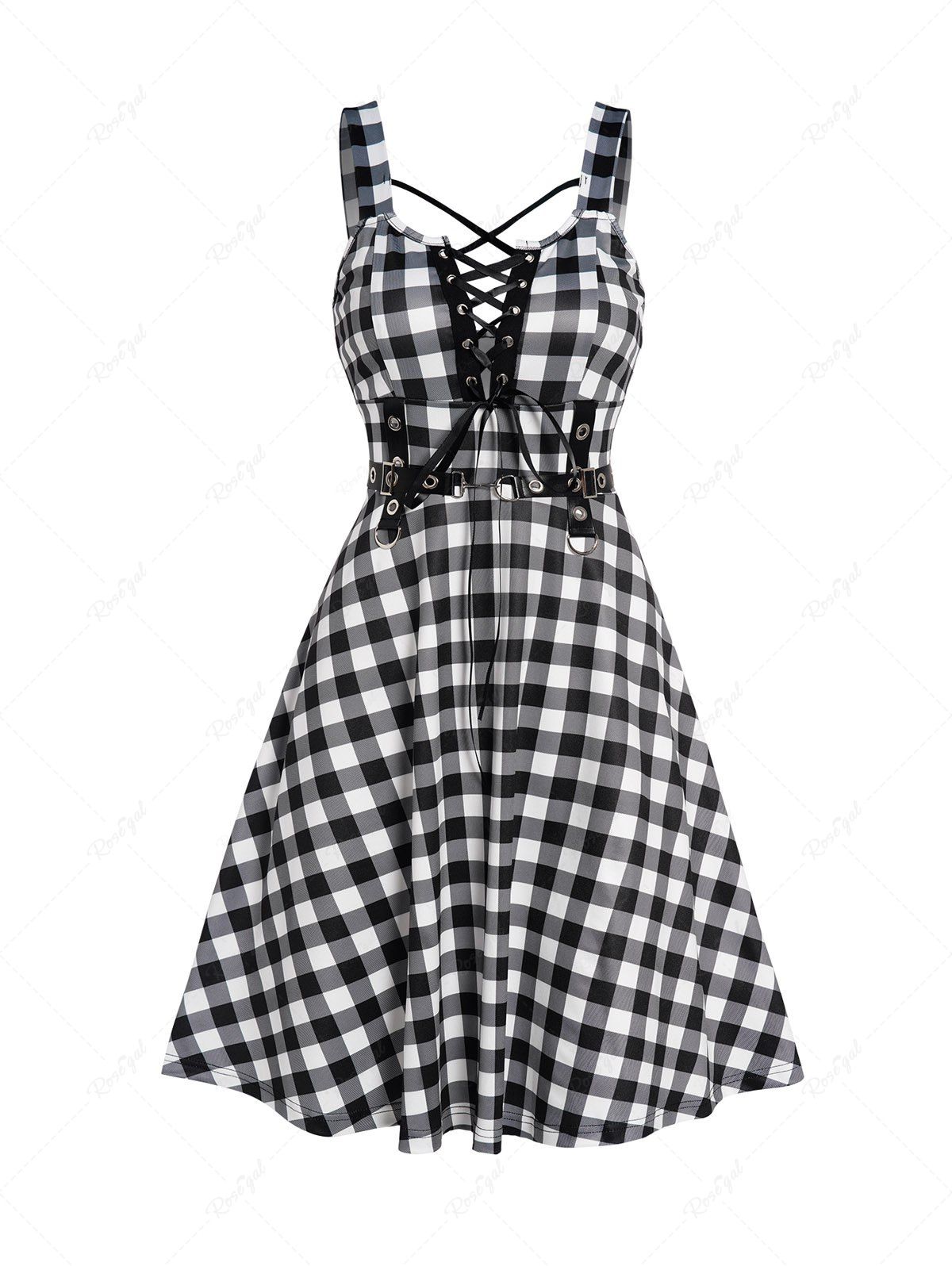 Mini Robe Ligne A à Carreaux Imprimé sans Manches à Lacets avec Œillet Noir XL