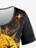 Sun Skull Divination Glitter Print Short Sleeves T-shirt And 3D Sun Moon Star Glitter Print Flare Pants Gothic Outfit -  