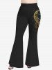 Pantalon évasé grande taille à imprimé lune, étoiles, plumes et pompons - Noir 5X