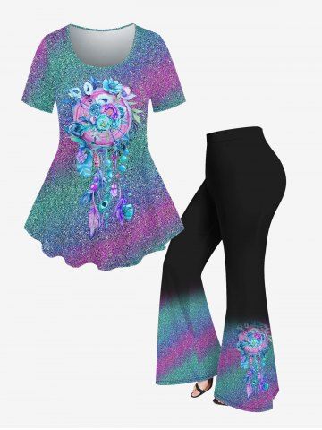 Sparkling Sequin Flower Feather Tassel Printed T-shirt and Flare Pants Plus Size Matching Set