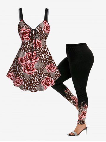 Floral Leaf Colorblock Printed Cinched Tank Top and Skinny Leggings Plus Size Matching Set - LIGHT PINK