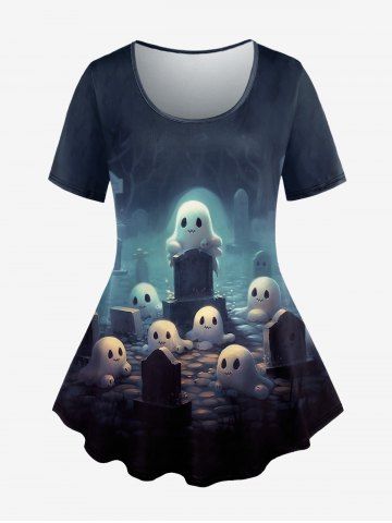 Gothic Ghost Cross Tombstone Print T-shirt - BLACK - 4X