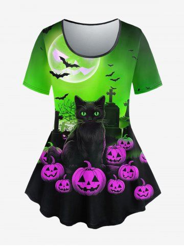 T-shirt D'Halloween Chat Citrouille et Chauve-souris Imprimés Croisé en Blocs de Couleurs de Grande Taille
