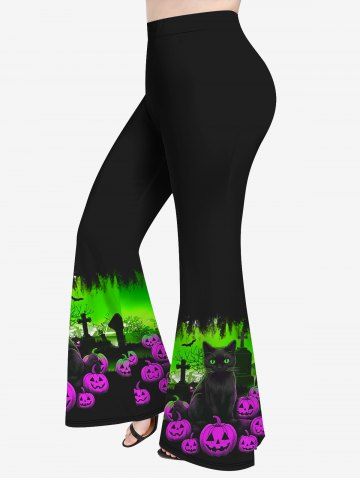 Plus Size Pumpkin Cross Cat Bat Colorblock Print Halloween Flare Pants - BLACK - 1X