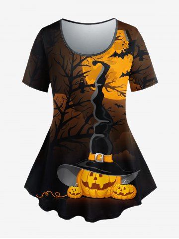 Plus Size Hat Pumpkin Moon Tree Owl Print Halloween T-shirt - BLACK - XS