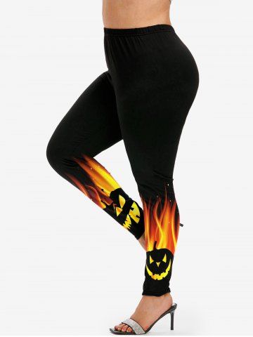 Plus Size Pumpkin Flame Print Halloween Leggings - ORANGE - XS
