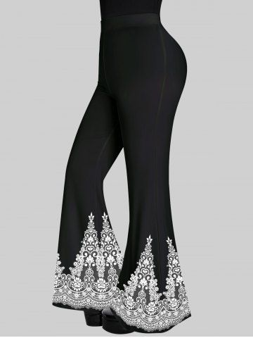 Gothic Paisley Figure Print Flare Pants - BLACK - S