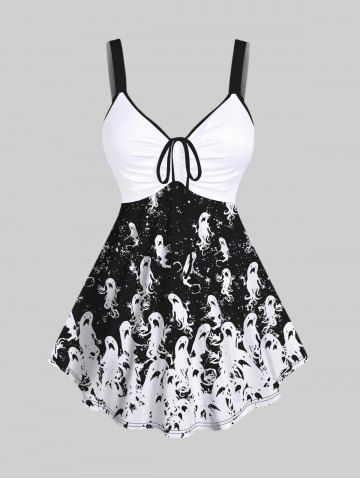 Gothic Ghost Print Cinched Halloween Tank Top - WHITE - 1X