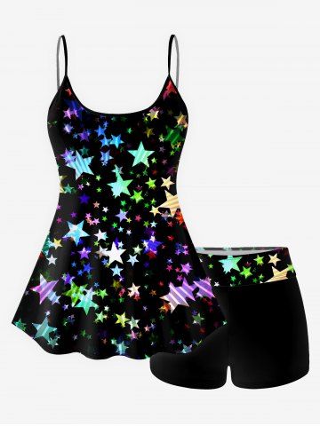Stars Glitter Print Boyshorts Tankini Swimsuit (Adjustable Shoulder Strap) - BLACK - 4X