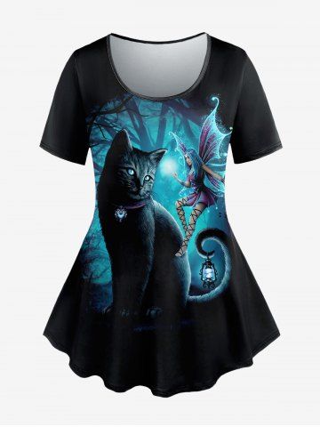 Halloween Plus Size Cat Butterfly Angel Tree Moon Glitter Print T-shirt - BLACK - XS