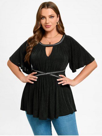 Plus Size Chains Keyhole Raglan Sleeves Tee
