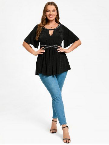 Plus Size Chains Keyhole Raglan Sleeves Tee