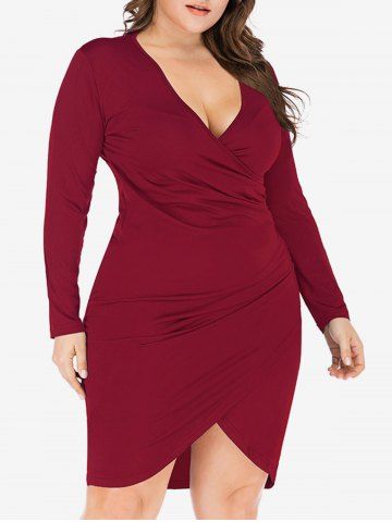 Plus Size Tulip Hem Ruched Surplice Fitted Dress